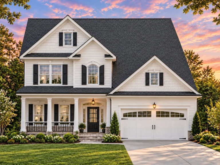 Front view of a Traditional Colonial home featuring beige horizontal siding, stone foundation accents, black shutters, and a welcoming front porch with columns.