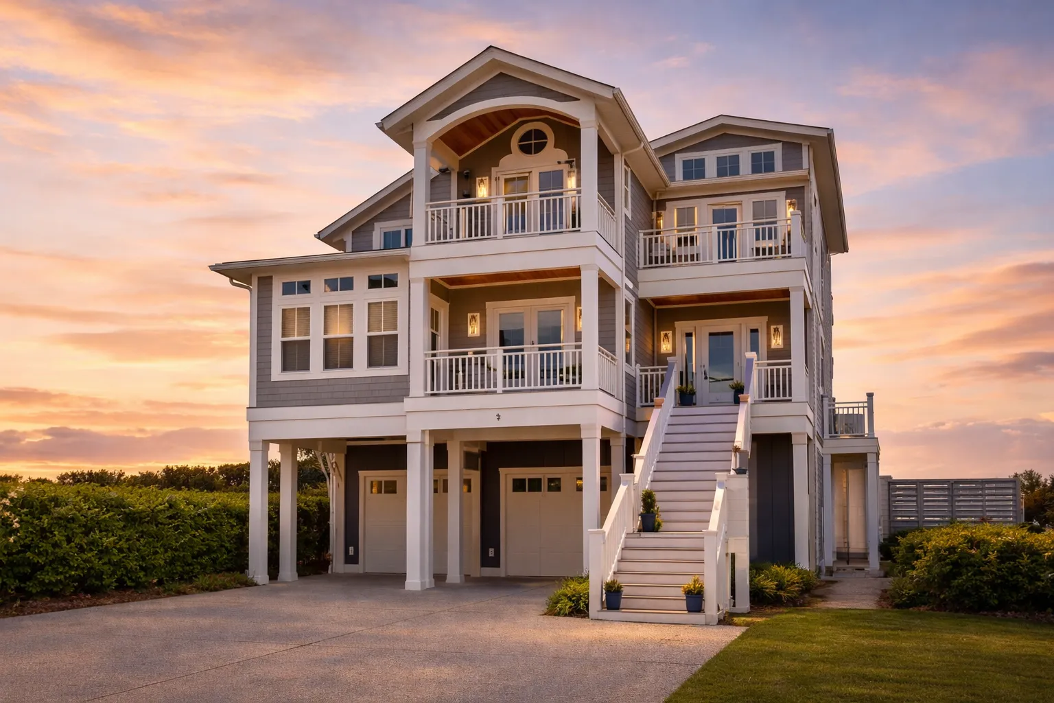 Front elevation of an elevated Coastal Beach House with shingle siding, white trim, stacked covered porches, balconies, and an exterior stair entry
