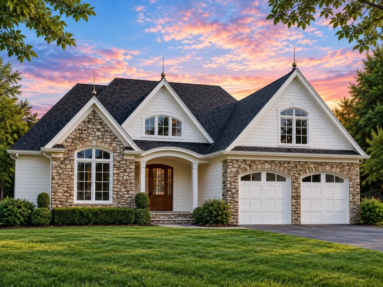 Front elevation of a New American Cape Cod style house featuring stone accents, shingle siding, arched entry, and dual garage doors