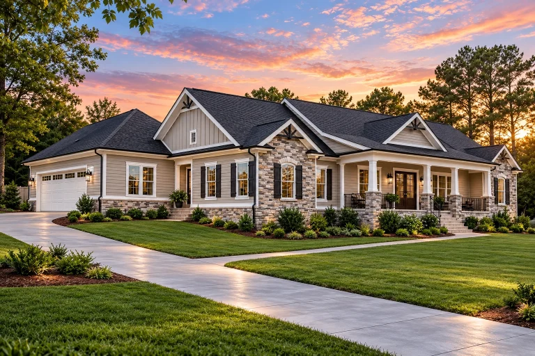 Front elevation of a Traditional Ranch style home with horizontal siding, stone accents, symmetrical windows, and a welcoming covered porch
