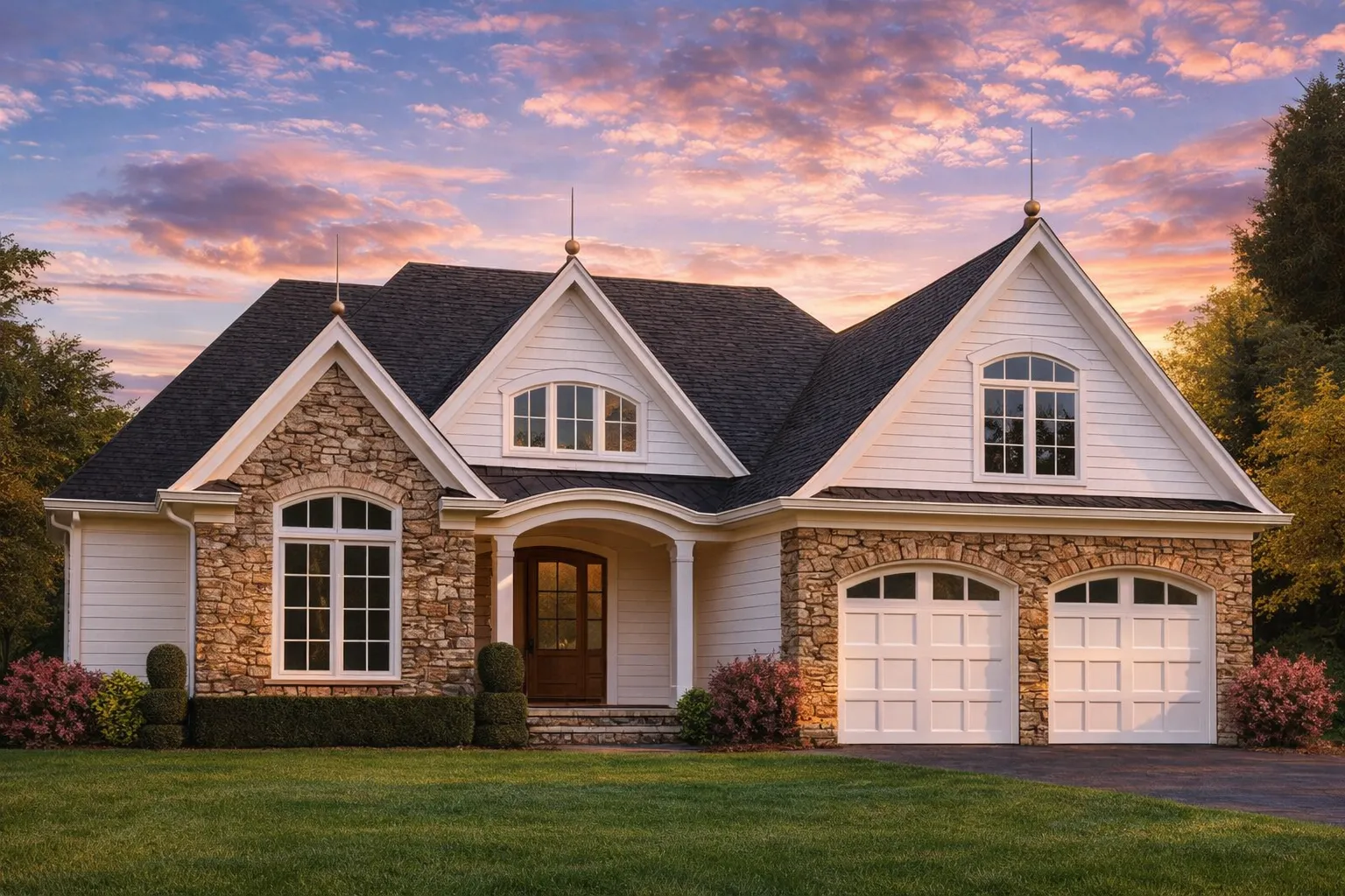 Front elevation of a New American Cape Cod style house featuring stone accents, shingle siding, arched entry, and dual garage doors