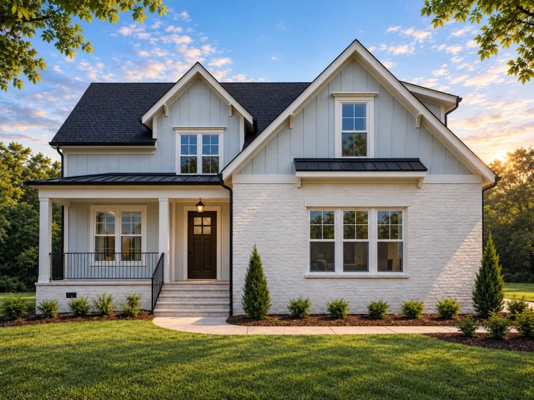House Plans with Fireplace 7 Front view of a Modern Farmhouse style home showcasing a white painted brick exterior with board and batten siding accents, black metal roof details, and inviting covered porch entry