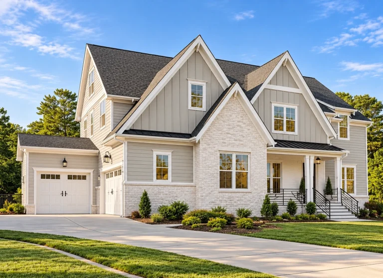 Ranch House Plans 19 Front elevation of a New American style home with coastal traditional influences, featuring board and batten siding, gabled rooflines, and an attached garage