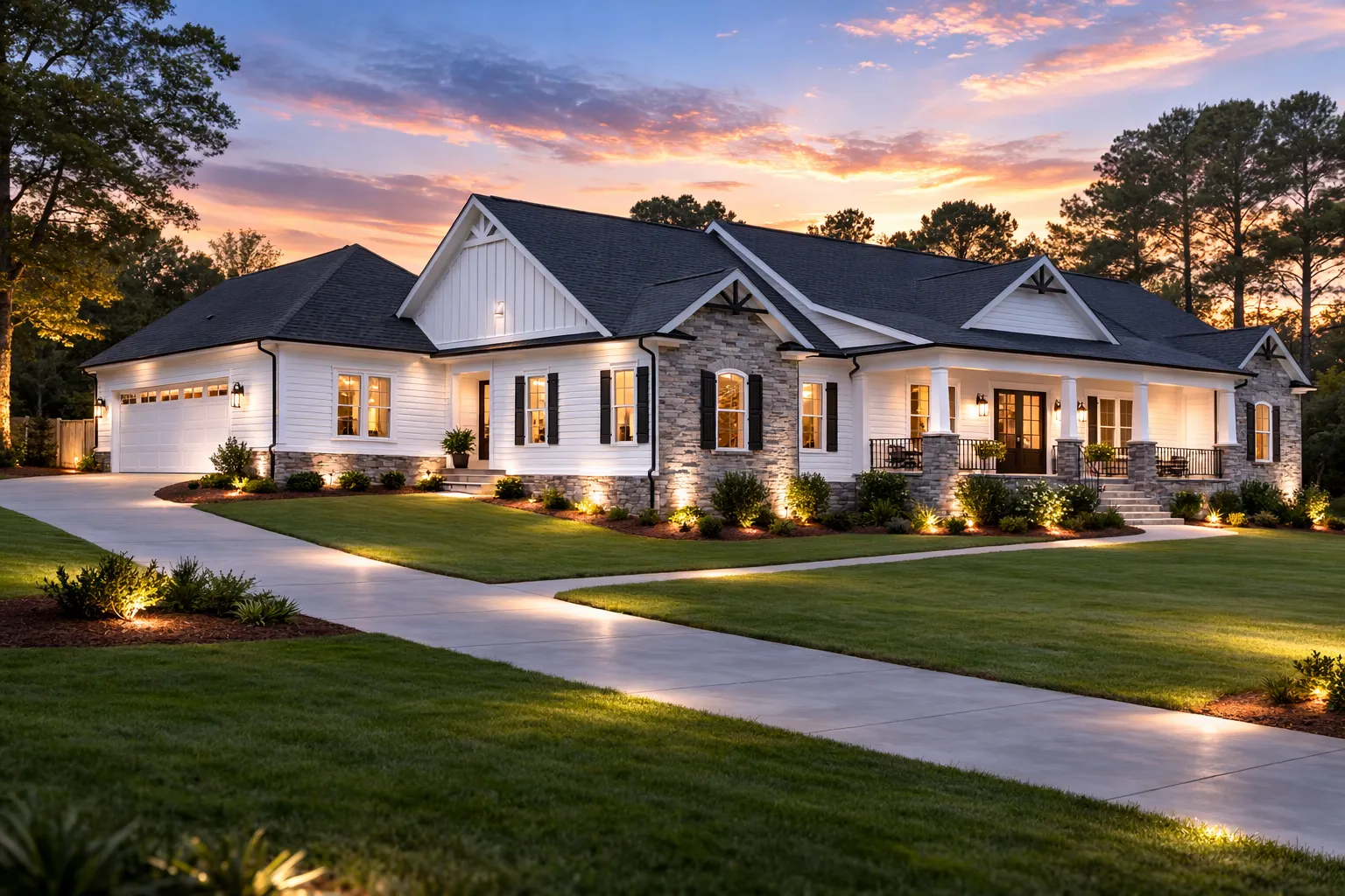Front elevation of a Traditional Ranch style home with horizontal siding, stone accents, symmetrical windows, and a welcoming covered porch
