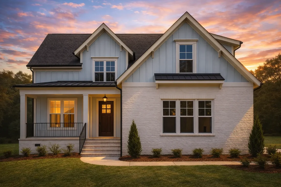 Front view of a Modern Farmhouse style home showcasing a white painted brick exterior with board and batten siding accents, black metal roof details, and inviting covered porch entry