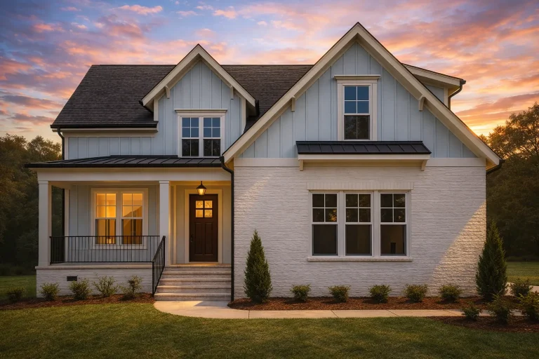 Front view of a Modern Farmhouse style home showcasing a white painted brick exterior with board and batten siding accents, black metal roof details, and inviting covered porch entry
