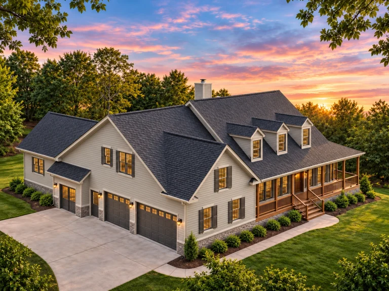 Front elevation of a Cape Cod style home with horizontal lap siding, stone foundation, dormer windows, and a covered front porch