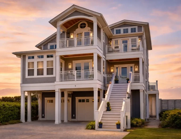 Front elevation of an elevated Coastal Beach House with shingle siding, white trim, stacked covered porches, balconies, and an exterior stair entry