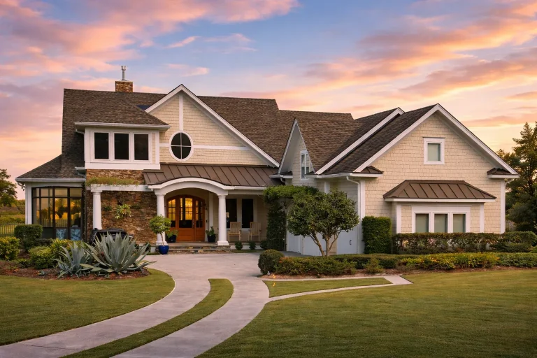 Front elevation of New American Modern Traditional house featuring brick and stone exterior, gabled rooflines, and symmetrical windows