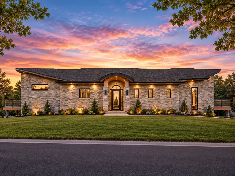 Barndominium House Plans 22 Front elevation of a Traditional Ranch style house featuring a full stone exterior, symmetrical façade, arched front entryway, and manicured landscaping.