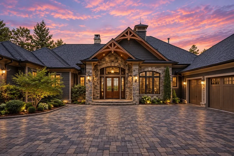 Southwestern House Plans 10 Front exterior of a Traditional Ranch style home with brick and stone façade, wood gable details, arched entry, and low-profile roofline