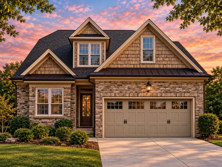 Affordable House Plans 17 Front elevation of Traditional suburban house with brick and stone exterior, shake siding gables, and two-car garage