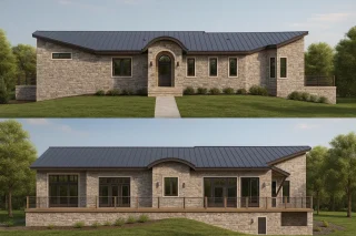 Front elevation of a Traditional Ranch style house featuring a full stone exterior, symmetrical façade, arched front entryway, and manicured landscaping.