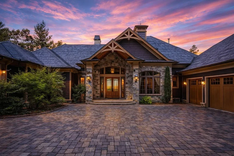 Front exterior of a Traditional Ranch style home with brick and stone façade, wood gable details, arched entry, and low-profile roofline