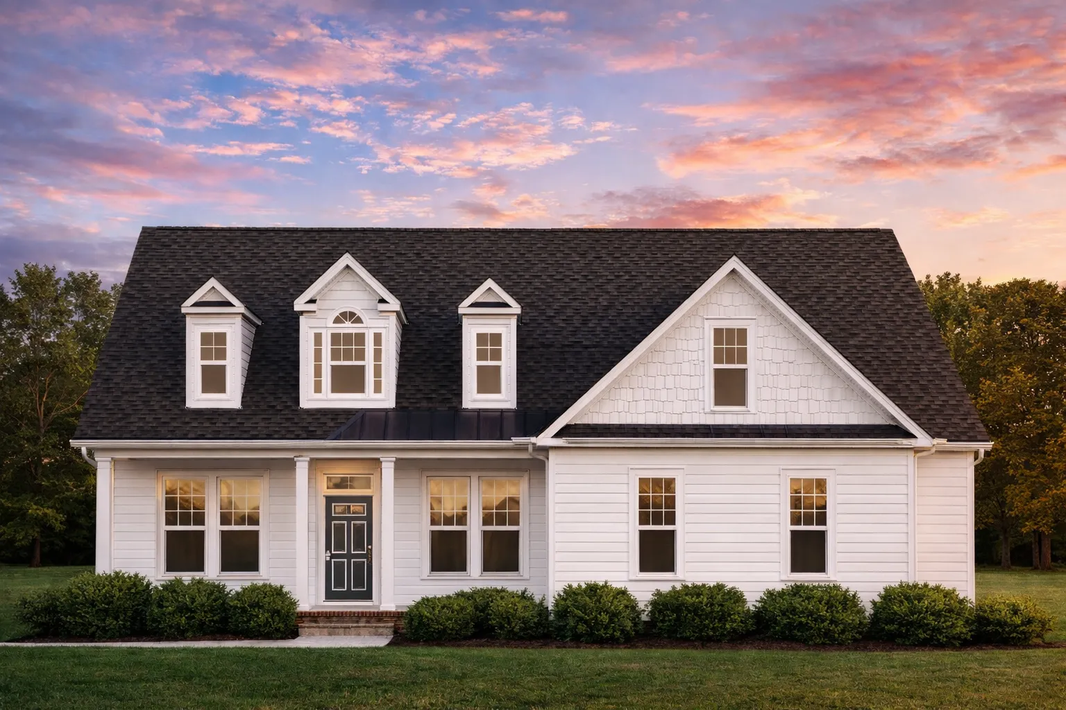 Front elevation of Cape Cod style home with white horizontal lap siding, steep gable roof, dormers, and symmetrical windows