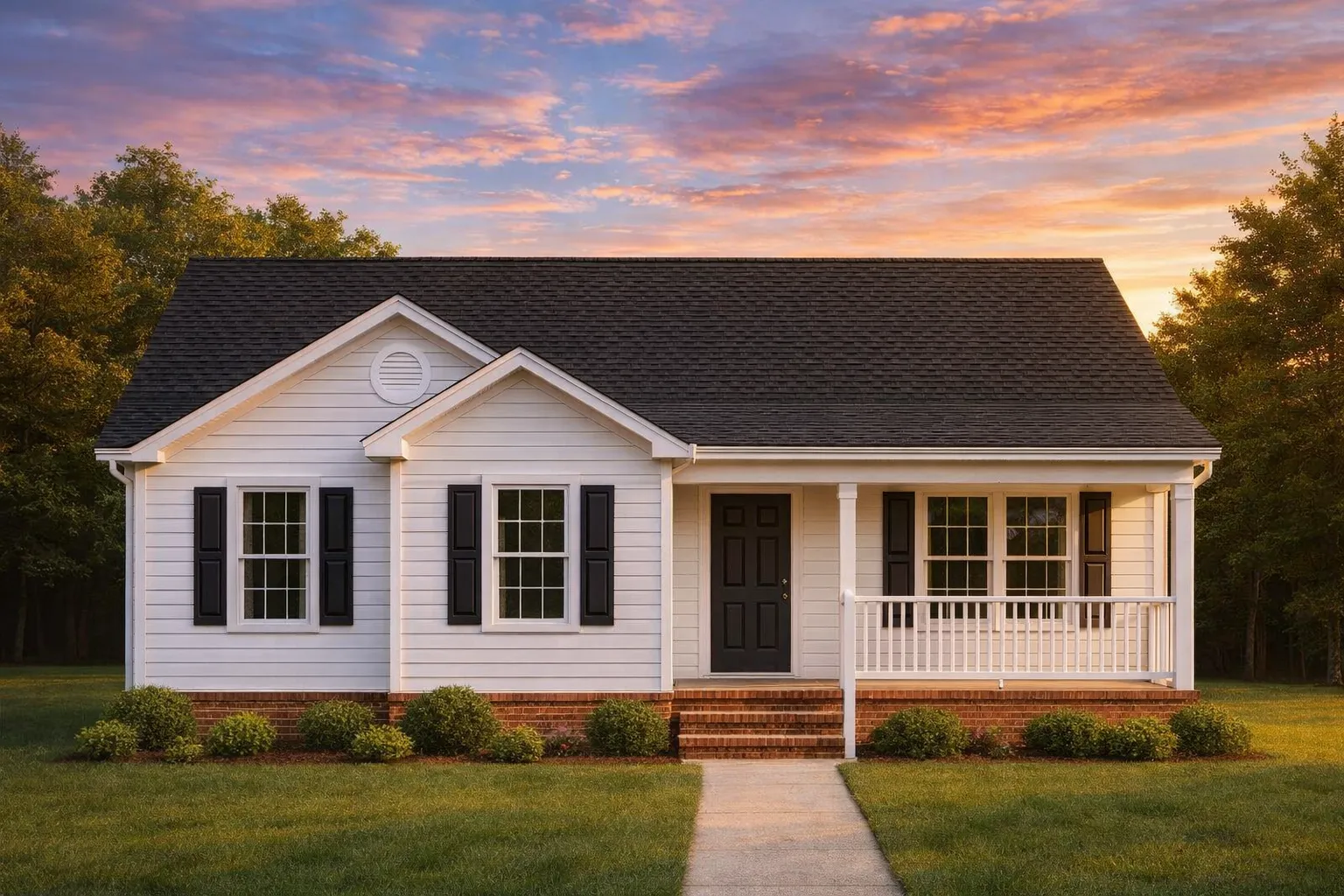 Front view of a Traditional Ranch style home featuring beige horizontal siding, dark shutters, a brick foundation, and a welcoming covered porch entry