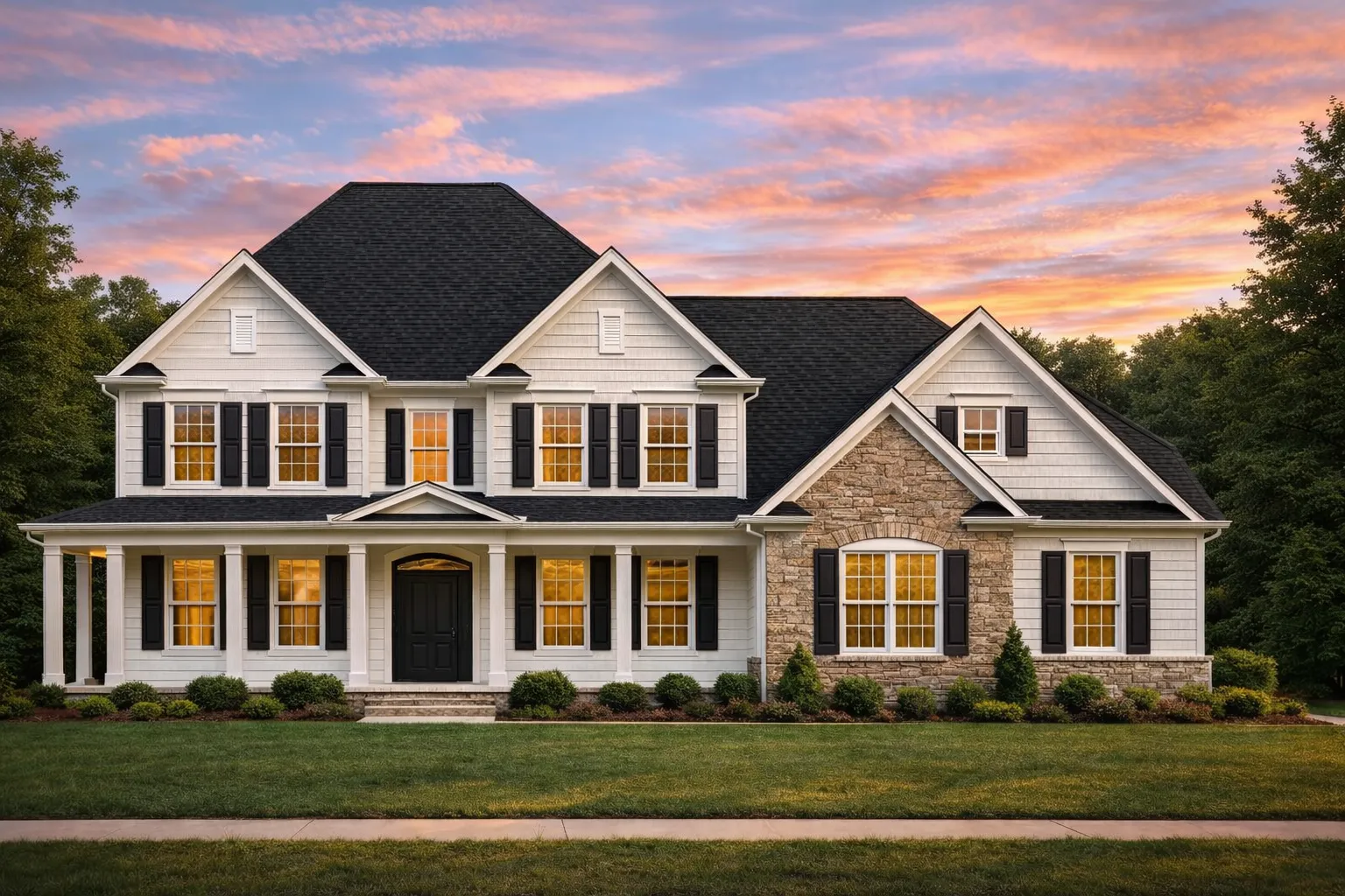 Front elevation of a Traditional Colonial and New American style house featuring horizontal siding, stone veneer accents, shuttered windows, and a full-length covered porch