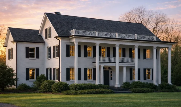 Front exterior view of a Classical Southern Neo-Classical home with white painted siding, full-height columns, and symmetrical Colonial façade