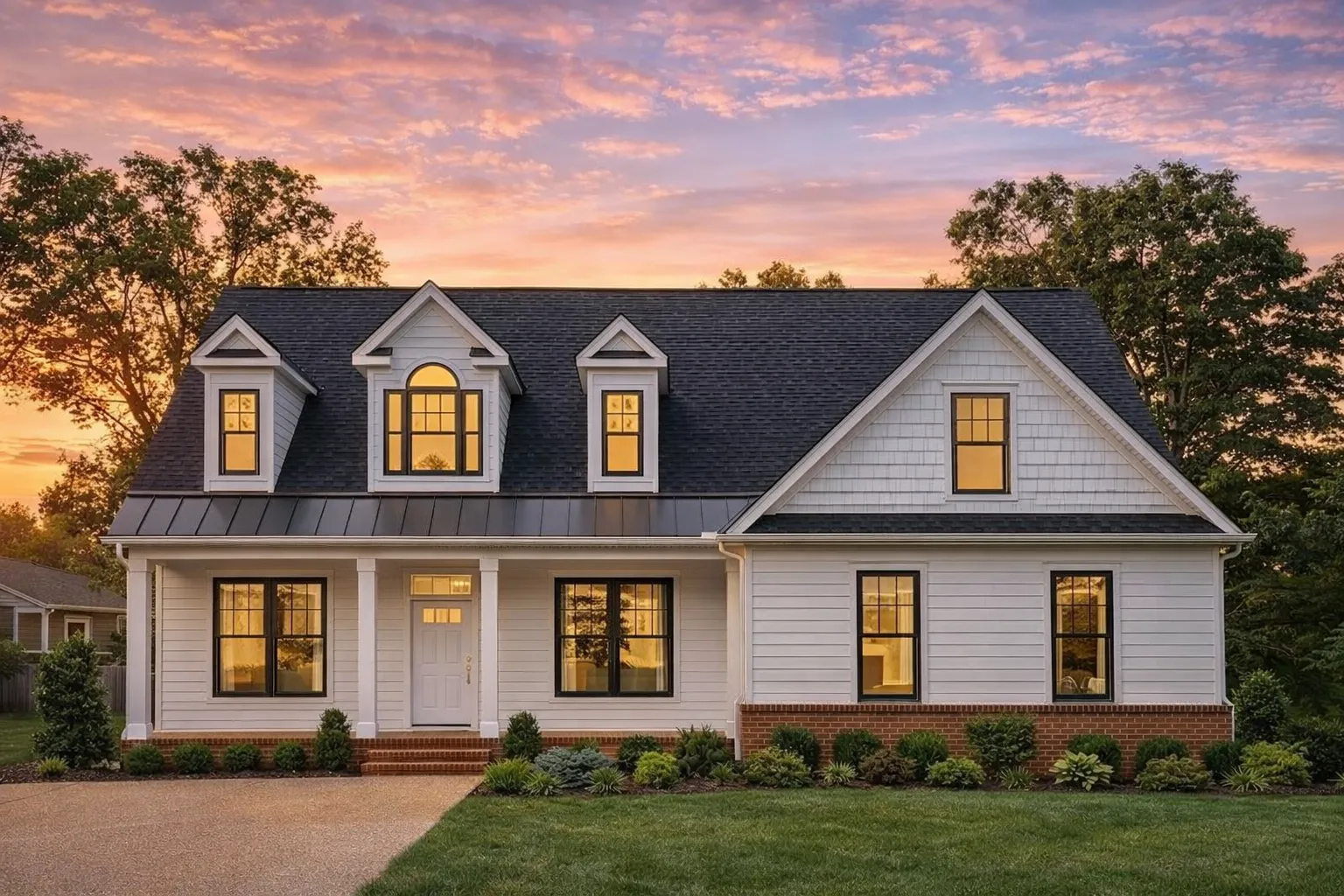 Front elevation of Cape Cod style home with white horizontal lap siding, steep gable roof, dormers, and symmetrical windows