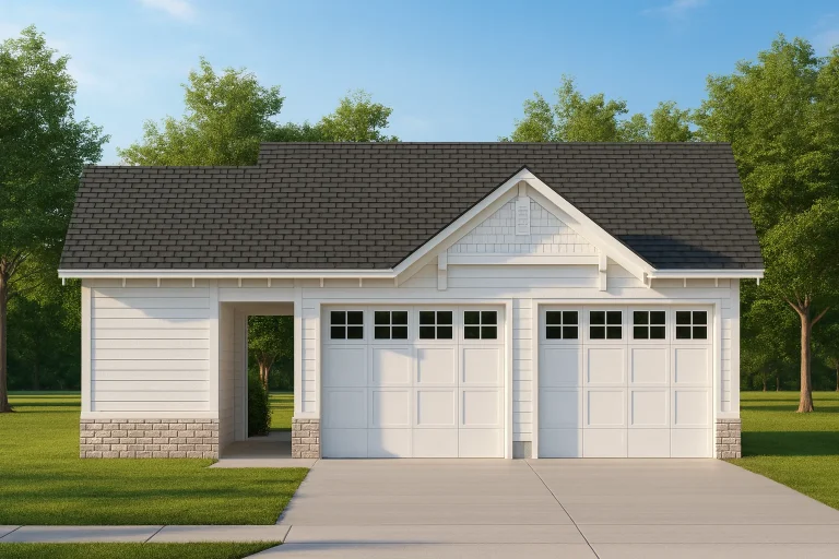 Front elevation of a New American carriage house style garage with modern farmhouse siding, stone accents, and gabled roof