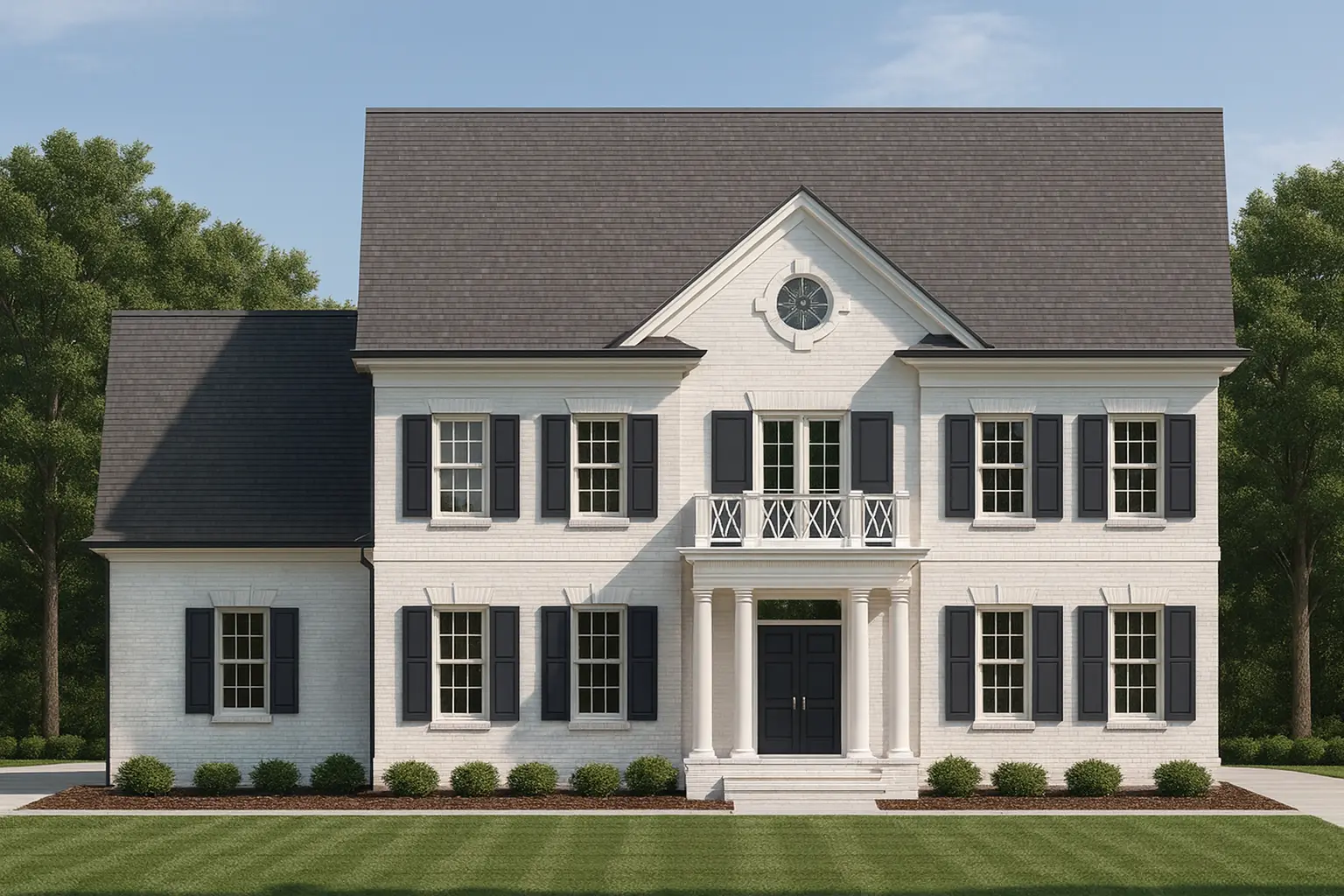 Front elevation of a Colonial Revival style home featuring a painted brick exterior, black shutters, symmetrical windows, and a classical columned entry