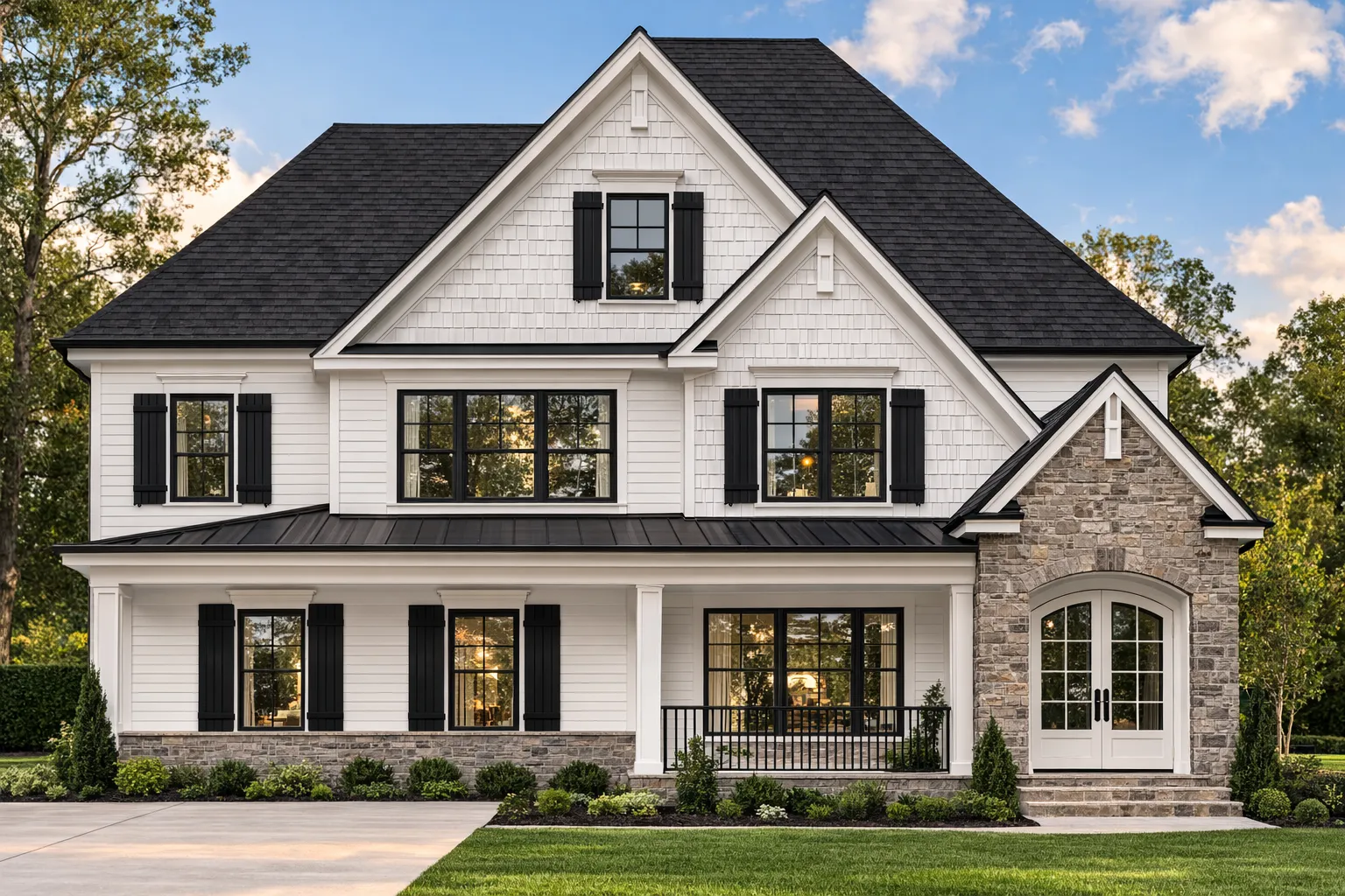 Front elevation of Traditional Colonial home with horizontal lap siding, stone entry accent, shutters, and covered front porch