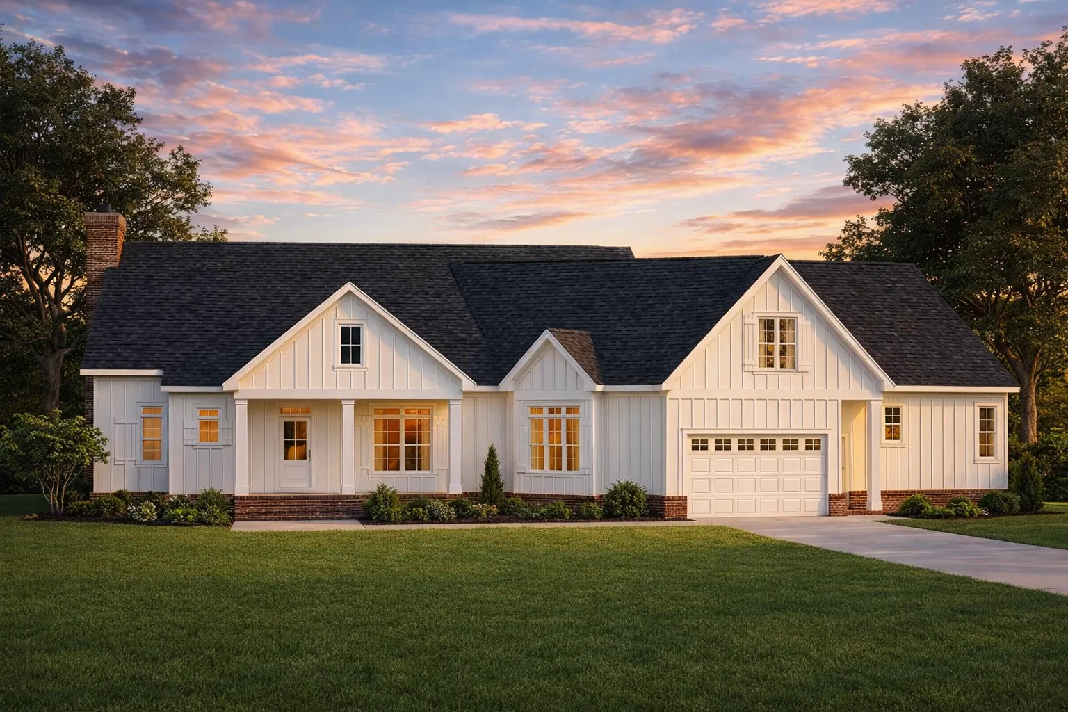 Front exterior view of a modern farmhouse ranch-style home with white horizontal siding, black roof, symmetrical gables, and attached two-car garage