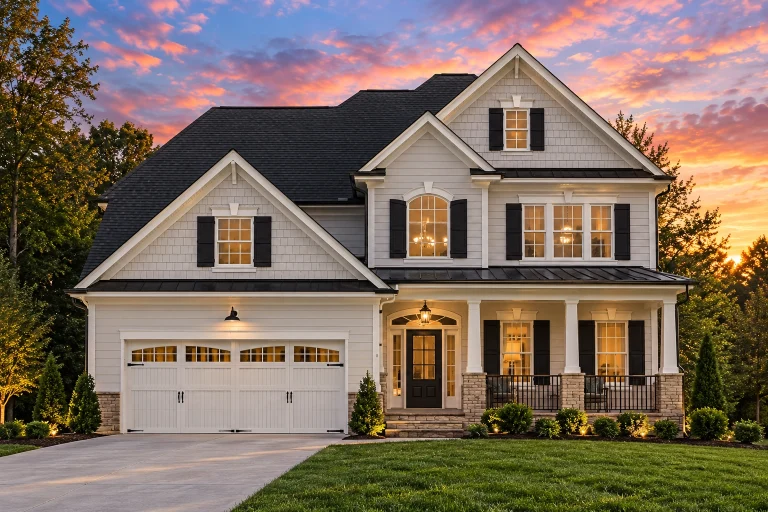 Front elevation of a New American Colonial style home with shingle siding, lap siding, covered porch, and symmetrical windows