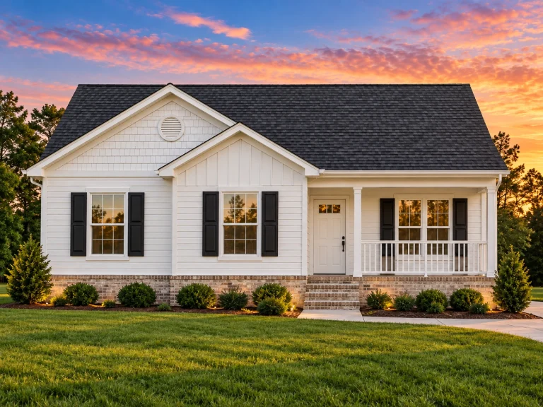 Front view of a Traditional Ranch style home featuring beige horizontal siding, dark shutters, a brick foundation, and a welcoming covered porch entry