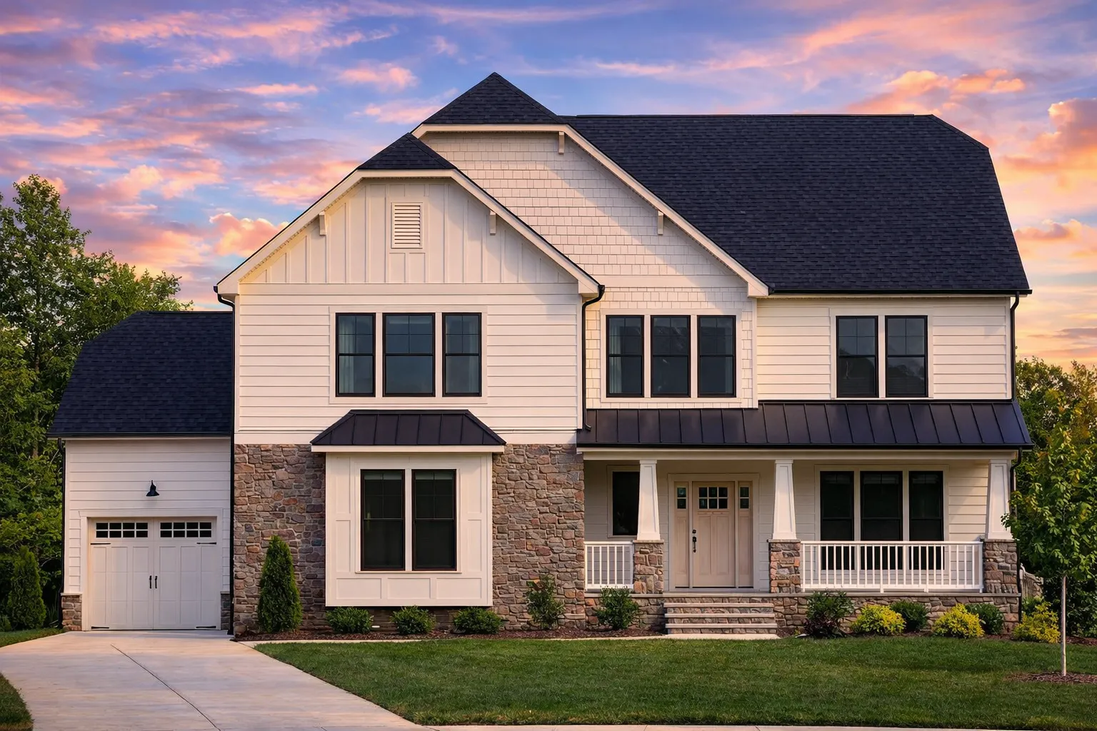 Front elevation of New American style home with horizontal lap siding, stone veneer base, gabled rooflines, and covered front porch
