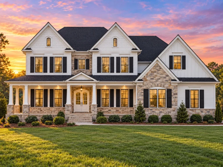Front elevation of a Traditional Colonial and New American style house featuring horizontal siding, stone veneer accents, shuttered windows, and a full-length covered porch