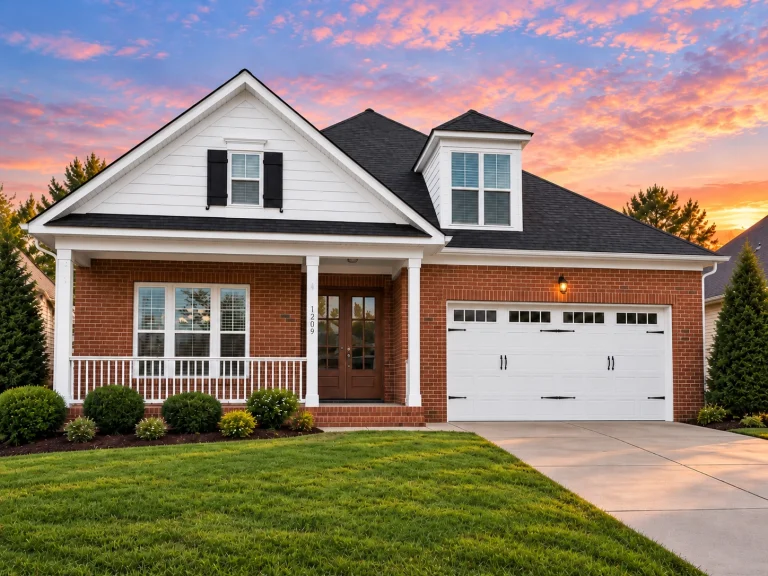 Modern Farmhouse House Plans 17 Traditional ranch house front elevation with brick exterior, white trim, porch, dormer, and two-car garage at 4pm daylight—enhanced realism and depth