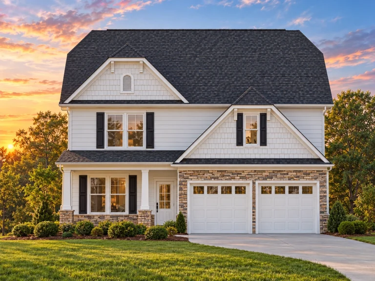 Front elevation of Modern Farmhouse style home with lap siding, board and batten gables, stone veneer, and double garage