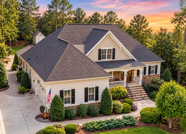 Front exterior of a New American style home featuring horizontal siding, brick accents, black shutters, and a welcoming covered front porch