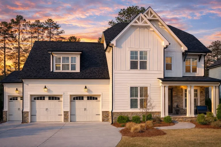 Front exterior view of a New American Modern Traditional house with board and batten siding, stone accents, and attached two-car garage