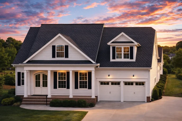 Front elevation of a New American Colonial style home with horizontal siding, brick foundation, dormer windows, and covered front porch