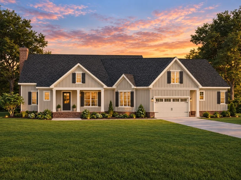 Front exterior view of a modern farmhouse ranch-style home with white horizontal siding, black roof, symmetrical gables, and attached two-car garage