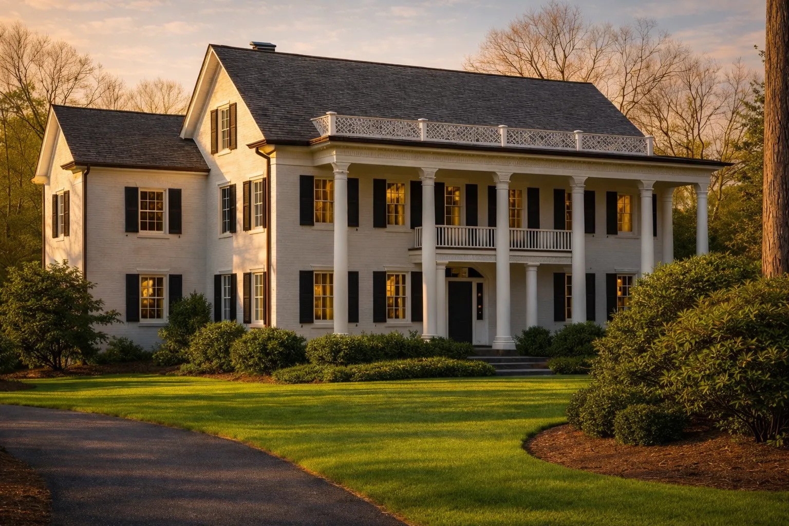 Front exterior view of a Classical Southern Neo-Classical home with white painted siding, full-height columns, and symmetrical Colonial façade