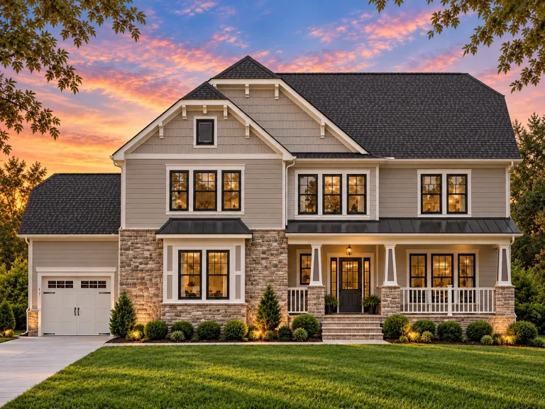 Coastal Farmhouse Plans 17 Front elevation of New American style home with horizontal lap siding, stone veneer base, gabled rooflines, and covered front porch