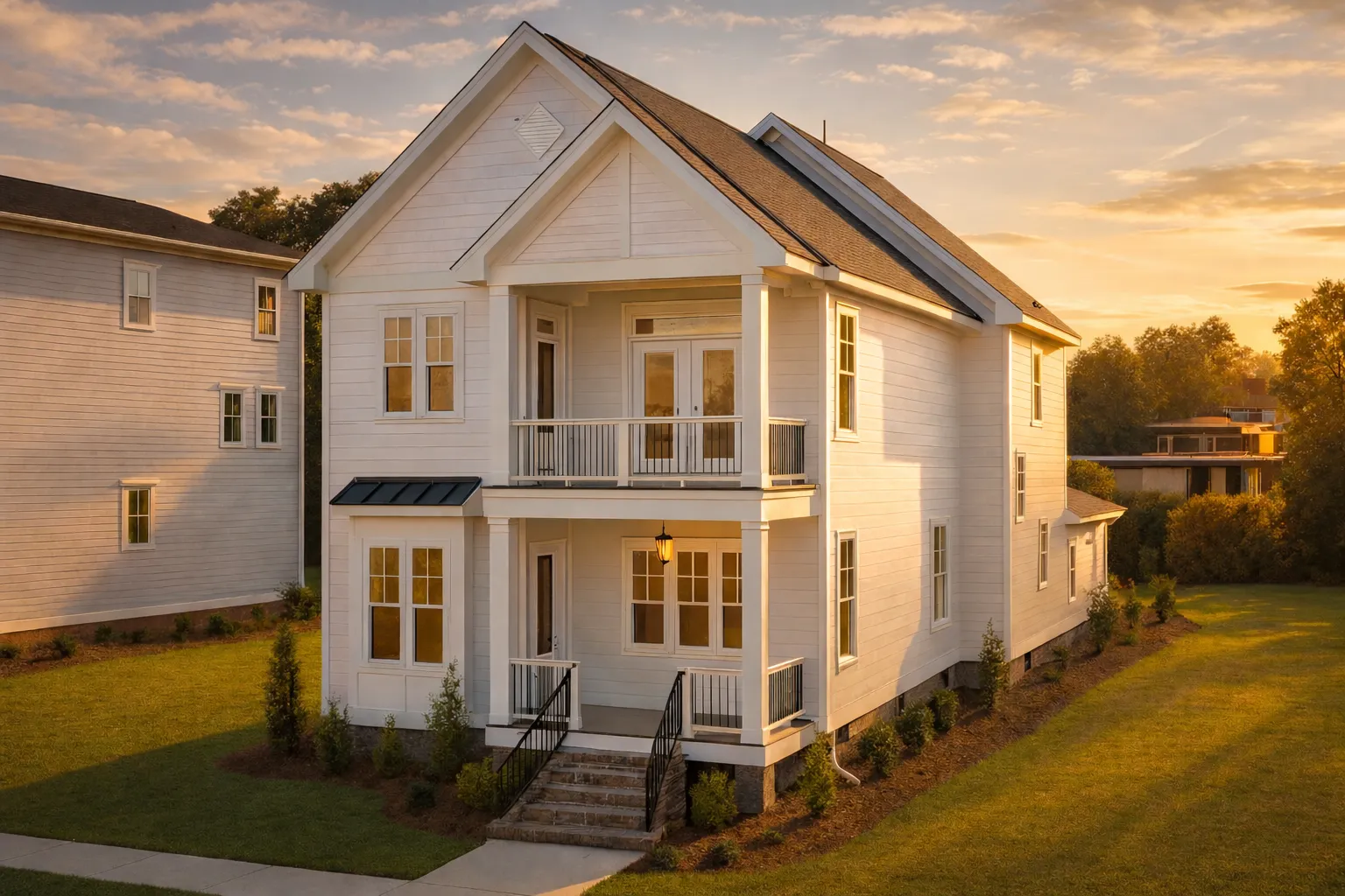 Front exterior of a Coastal Traditional home featuring double stacked porches, lap siding, and Low Country architectural detailing