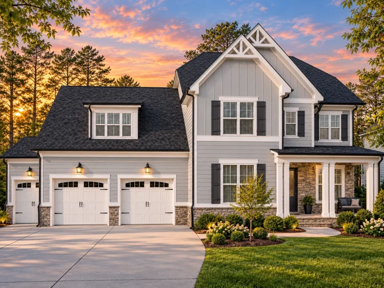 Front exterior view of a New American Modern Traditional house with board and batten siding, stone accents, and attached two-car garage