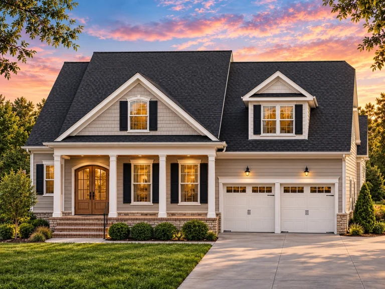 Front elevation of a New American Colonial style home with horizontal siding, brick foundation, dormer windows, and covered front porch