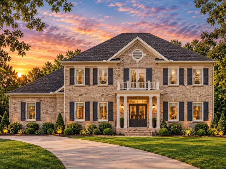 Front elevation of a Colonial Revival style home featuring a painted brick exterior, black shutters, symmetrical windows, and a classical columned entry