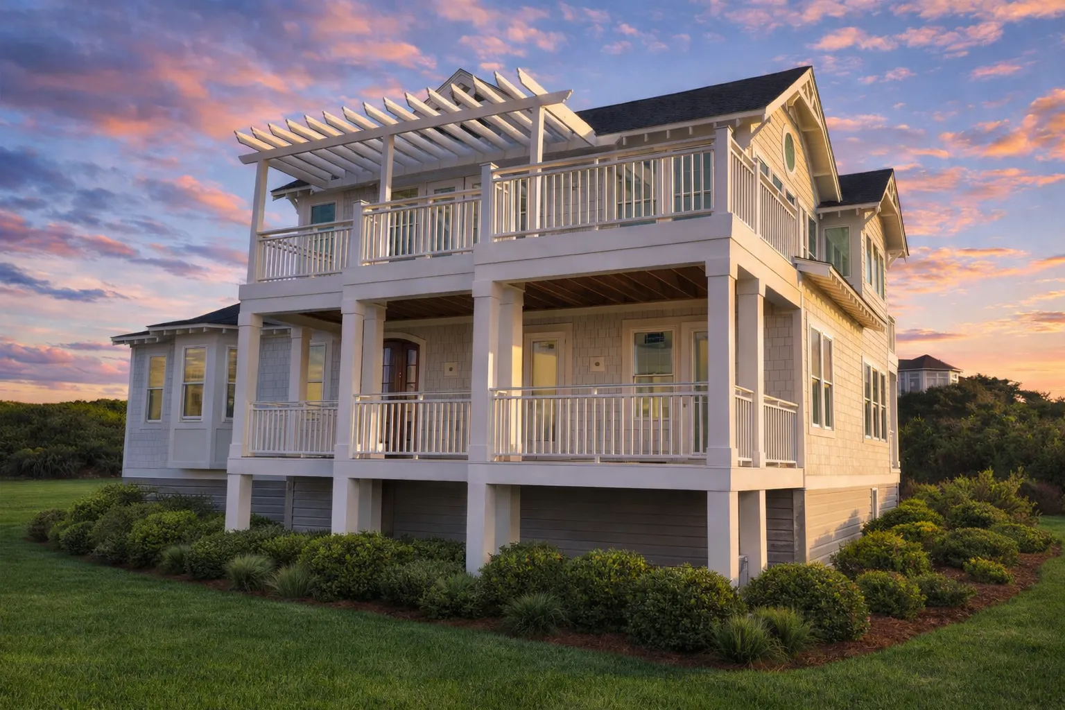 Front elevation of a coastal shingle style beach home with raised foundation, double wraparound porches, white railings, and symmetrical windows