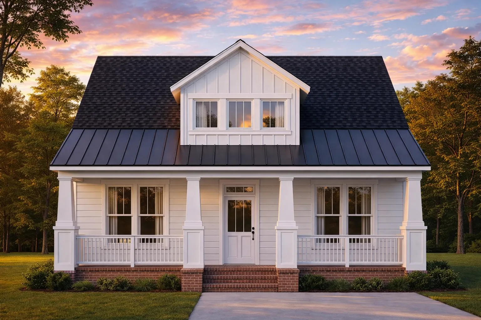Front elevation of a Traditional Cottage style home featuring horizontal siding, brick porch columns, gabled dormer, and a welcoming covered front porch