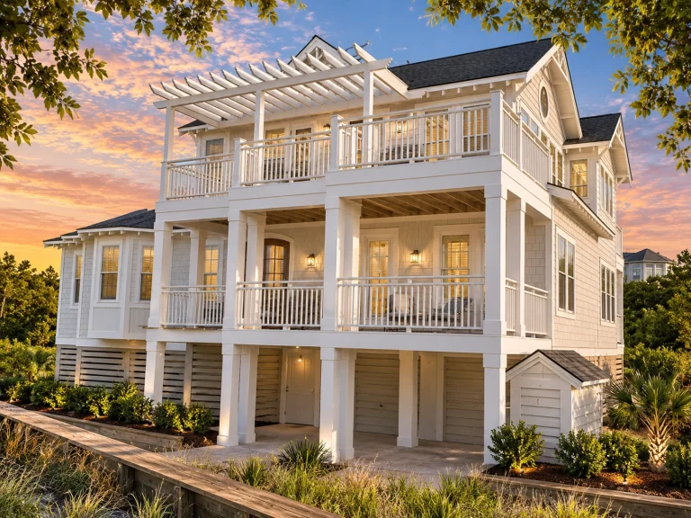 Front elevation of a coastal shingle style beach home with raised foundation, double wraparound porches, white railings, and symmetrical windows