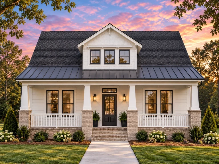 House Plans with Spacious Laundry Room 21 Front elevation of a Traditional Cottage style home featuring horizontal siding, brick porch columns, gabled dormer, and a welcoming covered front porch