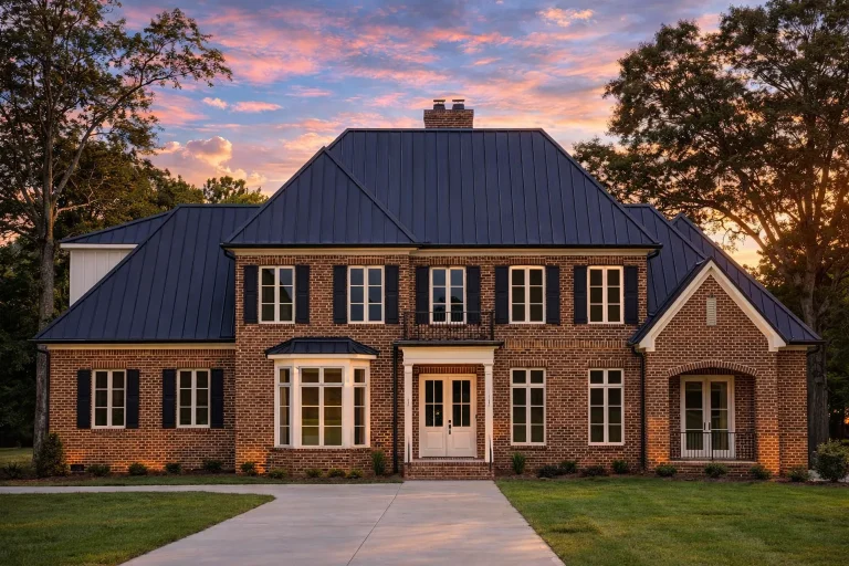 Front elevation of Georgian Colonial style brick home with symmetrical windows, centered entry, and dark metal hip roof