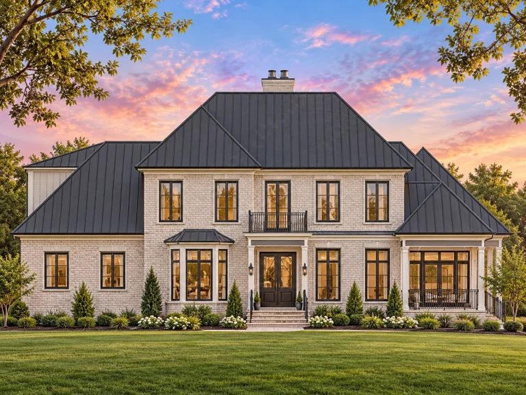 Front elevation of Georgian Colonial style brick home with symmetrical windows, centered entry, and dark metal hip roof