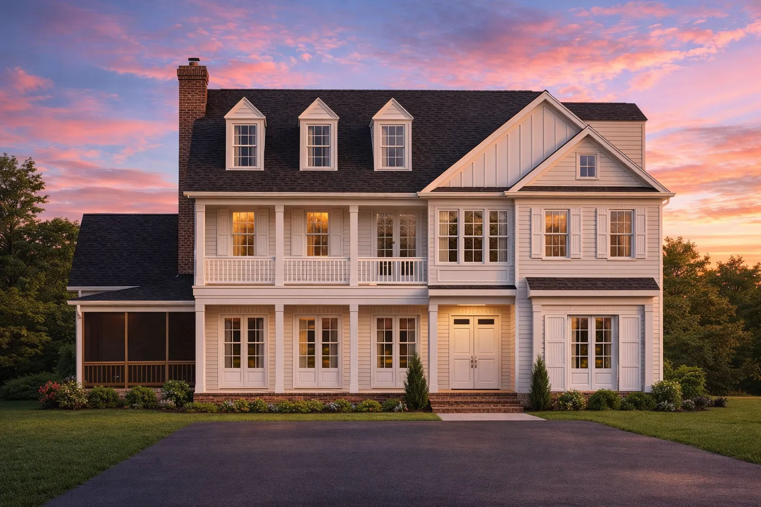 Front elevation of a Colonial style home featuring red brick exterior, white trim, black shutters, and a covered Southern porch